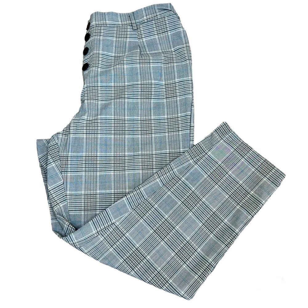Zara women grey plaid pants button closure 2 front pockets size XL academia